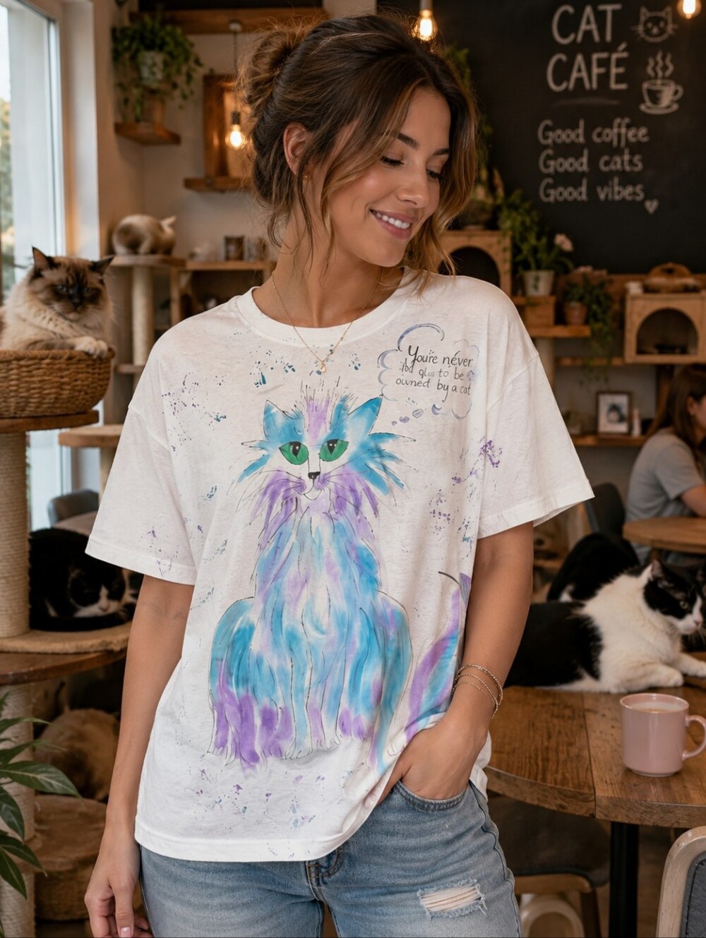 😻 Cat T-Shirt - Hand Painted 💜💙